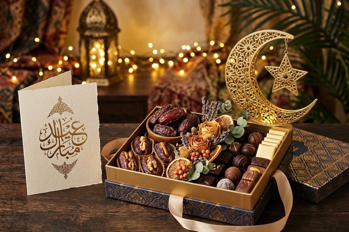 Eid gift hamper with premium dates, chocolates, and gold crescent — Bloom & Beyond Lahore