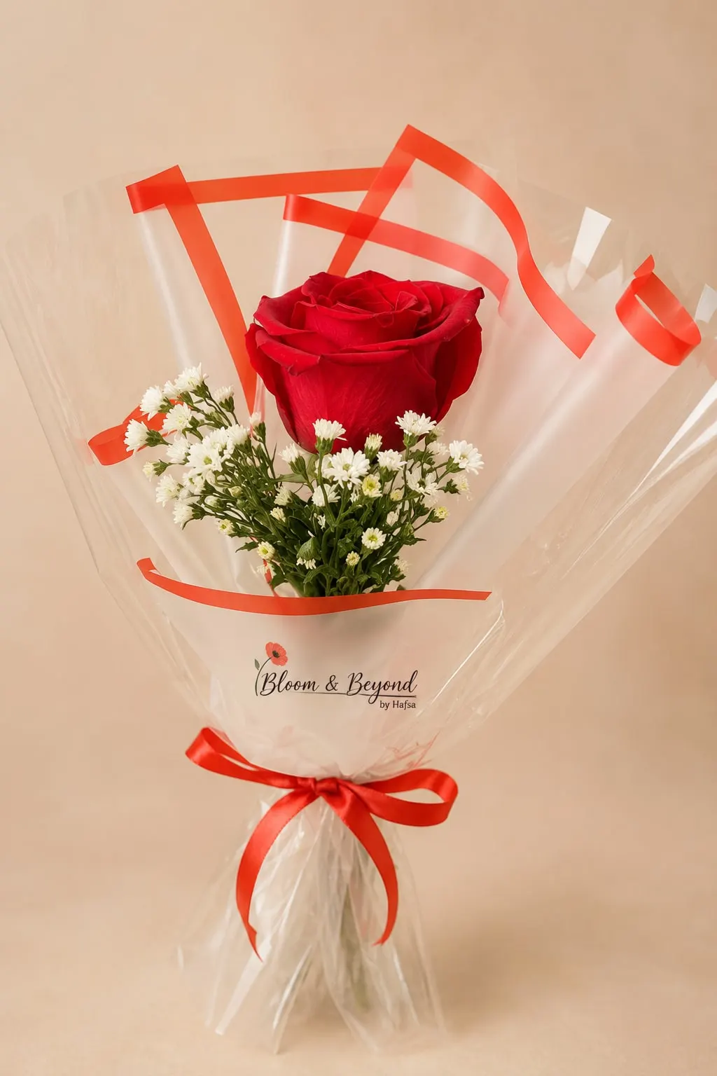 Single red rose bouquet with white daisies and baby's breath, finished in clear cellophane with a red ribbon — handcrafted by Bloom & Beyond in Lahore