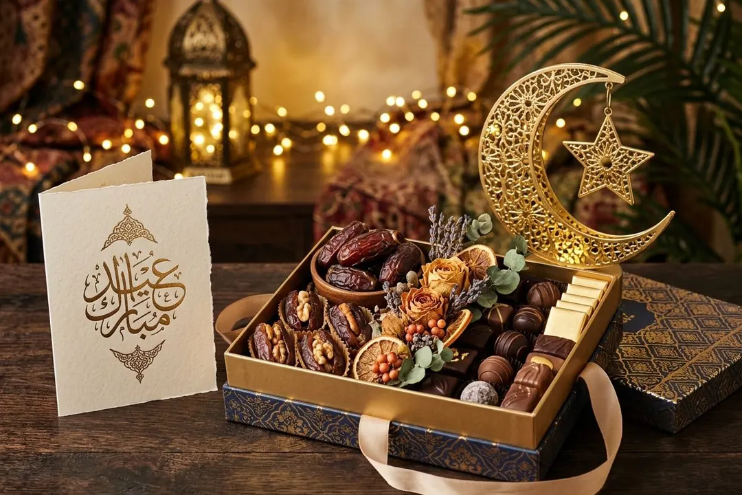 Eid gift hamper with premium dates, chocolates, and gold crescent — Bloom & Beyond Lahore